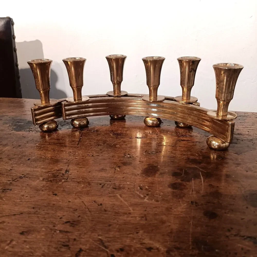 Pair of Vintage Dirilyte Model 915 Curved Brass Candelabras Art Deco MCM Gold
